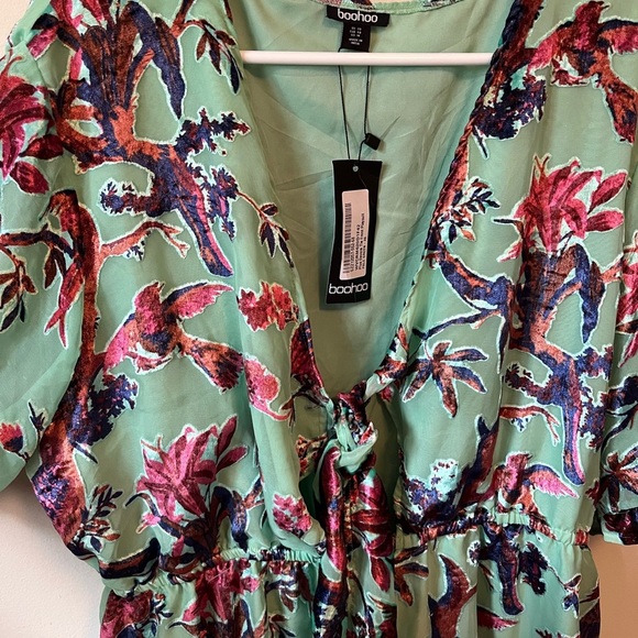 Boohoo Mint Green Floral jumper velvet embossed pattern birds - Picture 4 of 13